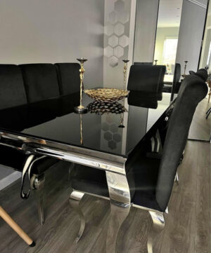 Black Glass Dining Table Set with 6 Luxe Velvet Chairs
