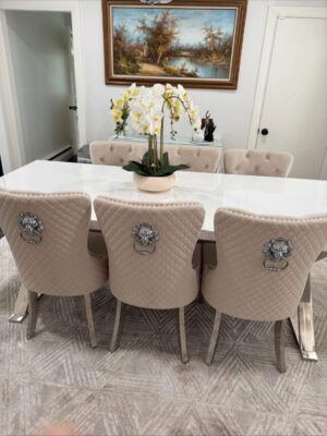 Arianna Cream Marble Table + Bentley Lion Knocker Chairs