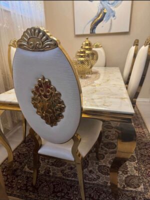 Elegant Marble-Top Dining Set – White & Gold (6 Chairs)