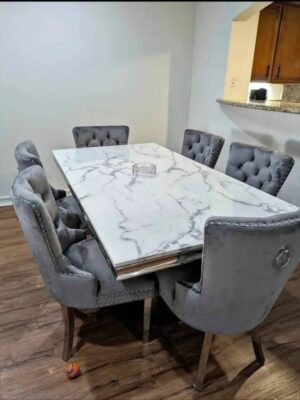 Luxury Marble-Top Dining Set with 6 Grey Velvet Chairs